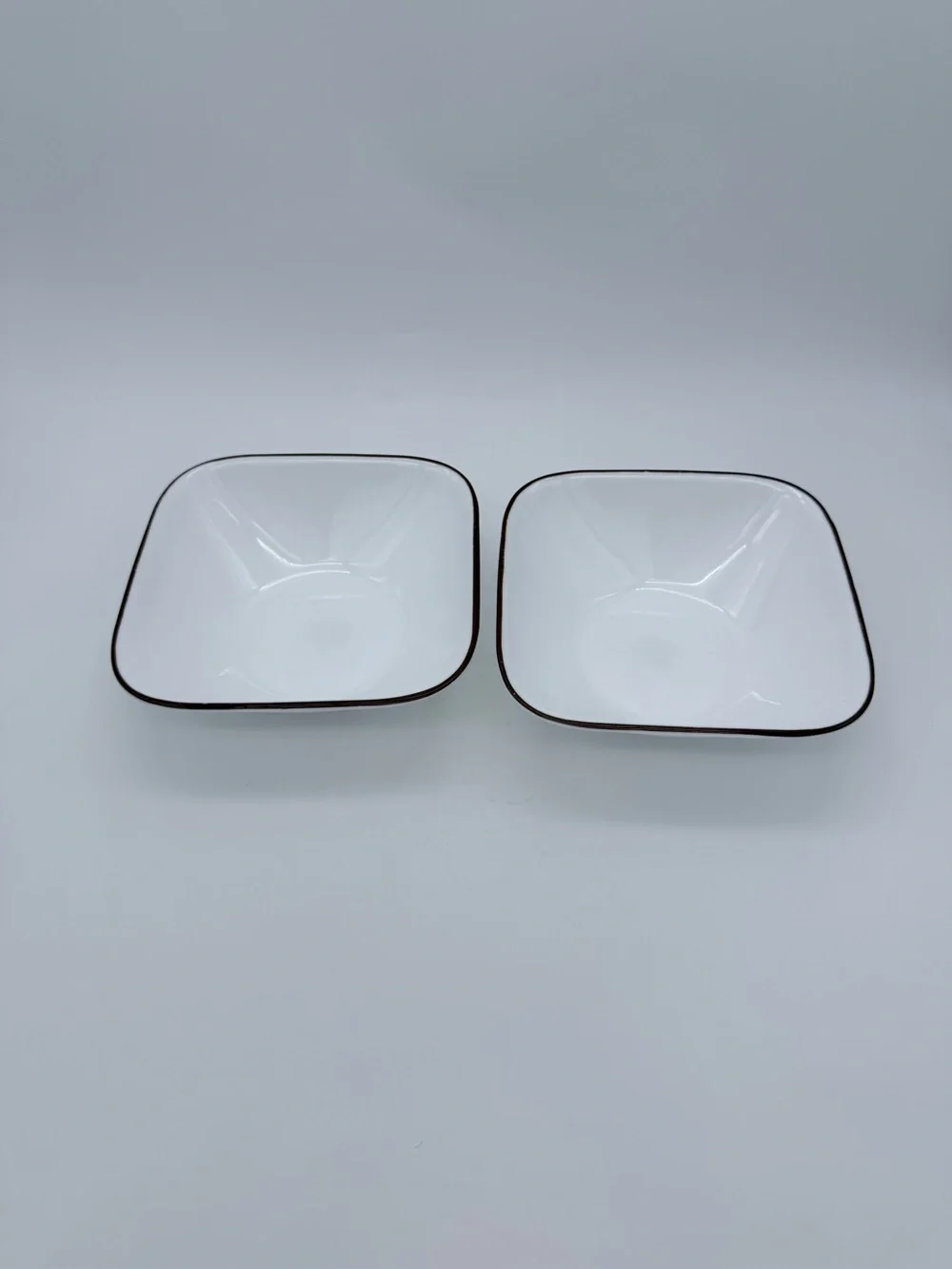 Set Of 2 Corelle Vitrelle Square Cereal Bowls White Brown Band Rim 6-1/4”